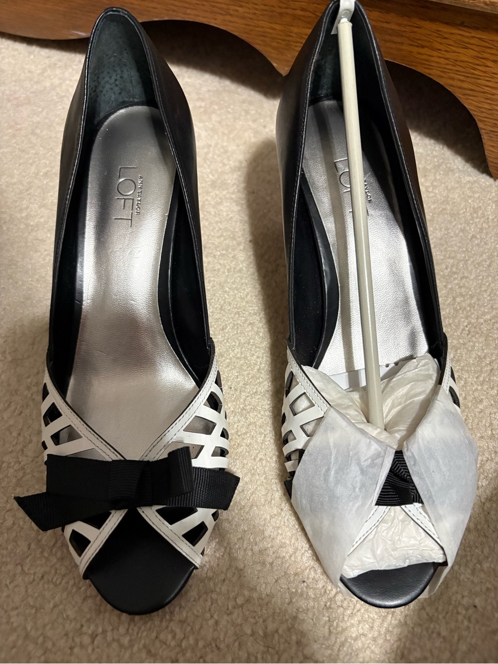 LOFT Black and White Lattice Peep-Toe Bow Heels
